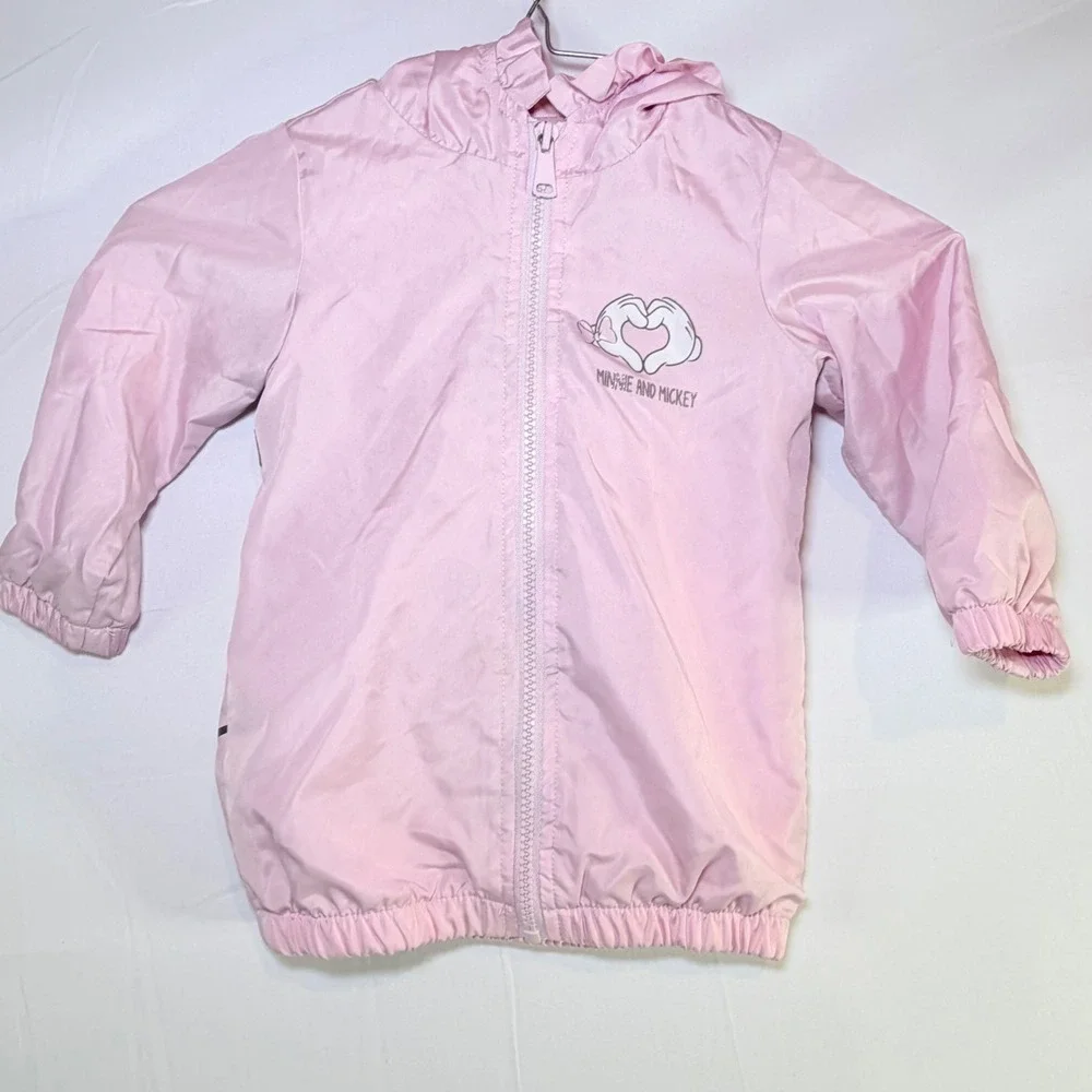 Disney Minnie Mickey Mouse Pink Hooded Windbreaker Jacket with Ears and Bow Kids